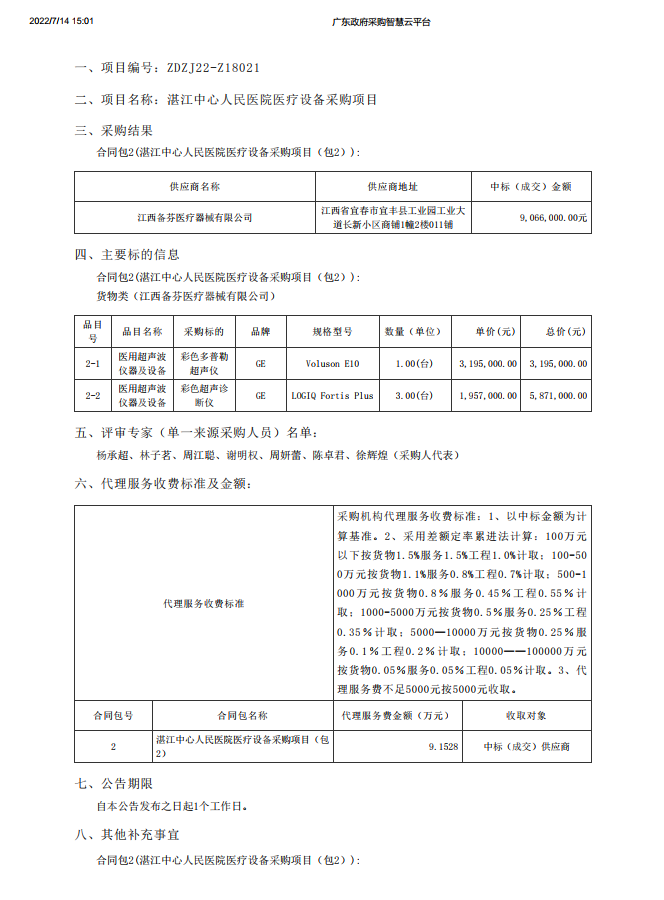 湛江中心人民醫(yī)院醫(yī)療設備采購項目【項目編號：ZDZJ22-Z18021】包2結果公告(圖1)
