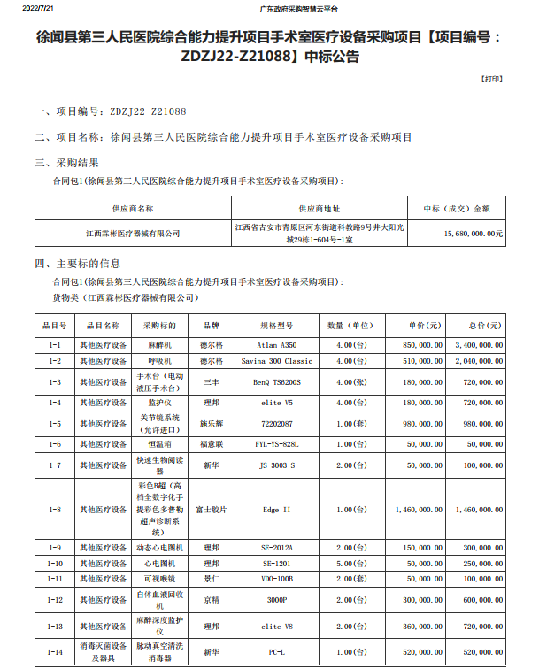 徐聞縣第三人民醫(yī)院綜合能力提升項目手術(shù)室醫(yī)療設(shè)備采購項目【項目編號： ZDZJ22-Z21088】中標公告(圖1)